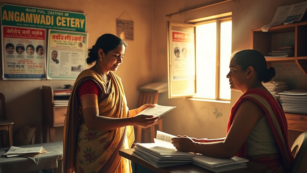 Ladli Lakshmi Yojana 2.0 – Complete Guide: Registration, Benefits, Eligibility & Forms 5 A Child's mother submitting Ladli Lakshmi Yojana 2.0 registration form and documents at Anganwadi CSC office