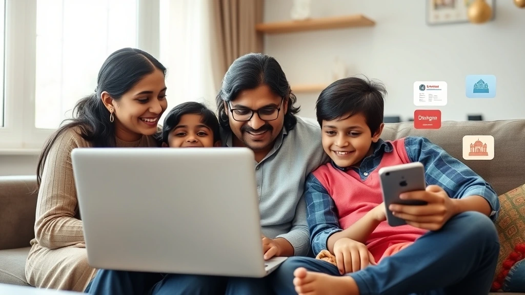परिवार समग्र आईडी देखे – Complete Online Process (2025) 2 Indian couple checking FAQs about Parivar Samagra ID online, laptop and mobile phone visible, documents-परिवार समग्र आईडी देखे