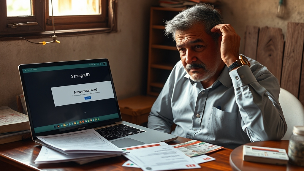 Samagra ID Status Check Online (2025 Guide) 7 Confused user checking Samagra ID online and seeing “Samagra ID Not Found” error on laptop screen