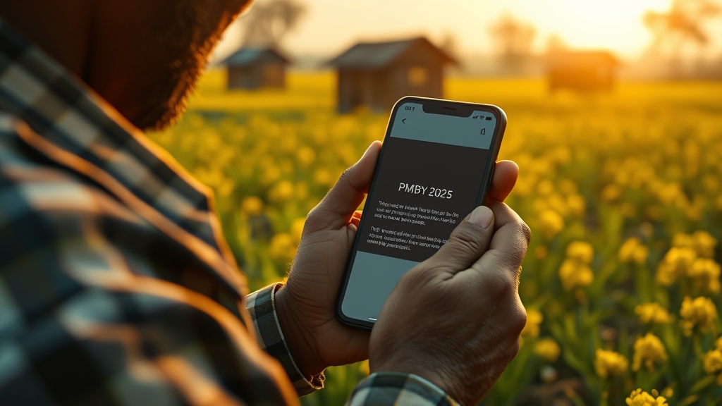 Farmer checking PMFBY notification updates 2025 on mobile phone.