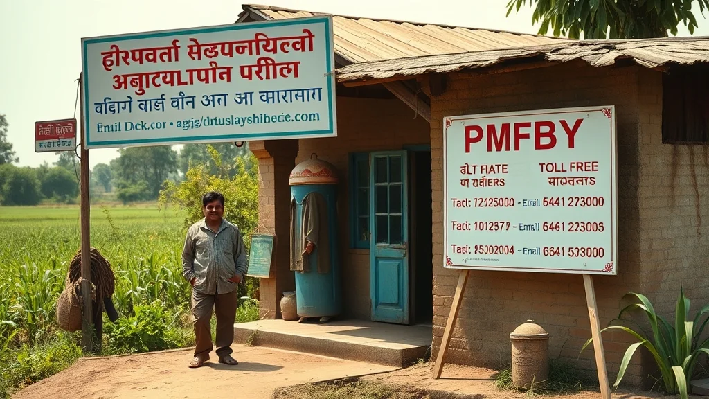 Farmer reading PMFBY toll free number and email ID on government notice board