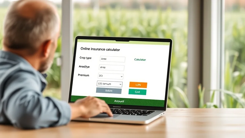 Farmer using PMFBY online insurance premium calculator on laptop for crops
