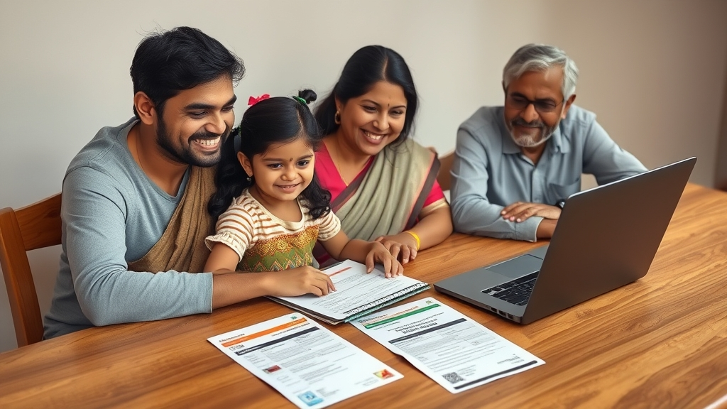 Ladli Laxmi Yojana 2025 | Eligibility, Age Limit & Documents Required 2 Indian family completing Ladli Laxmi Yojana application with documents and laptop.