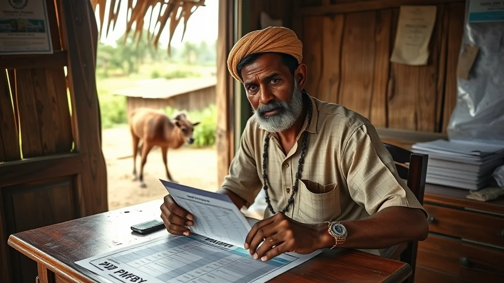 Indian farmer checking PMFBY district wise list in rural office_jpg