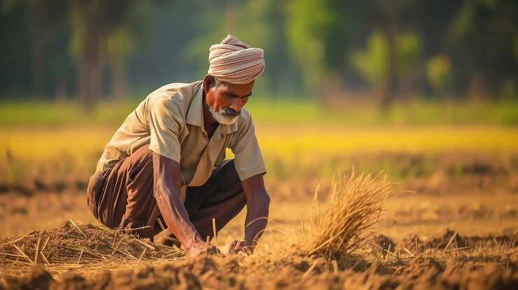 Indian farmer working in paddy field under PMFBY crop insurance scheme