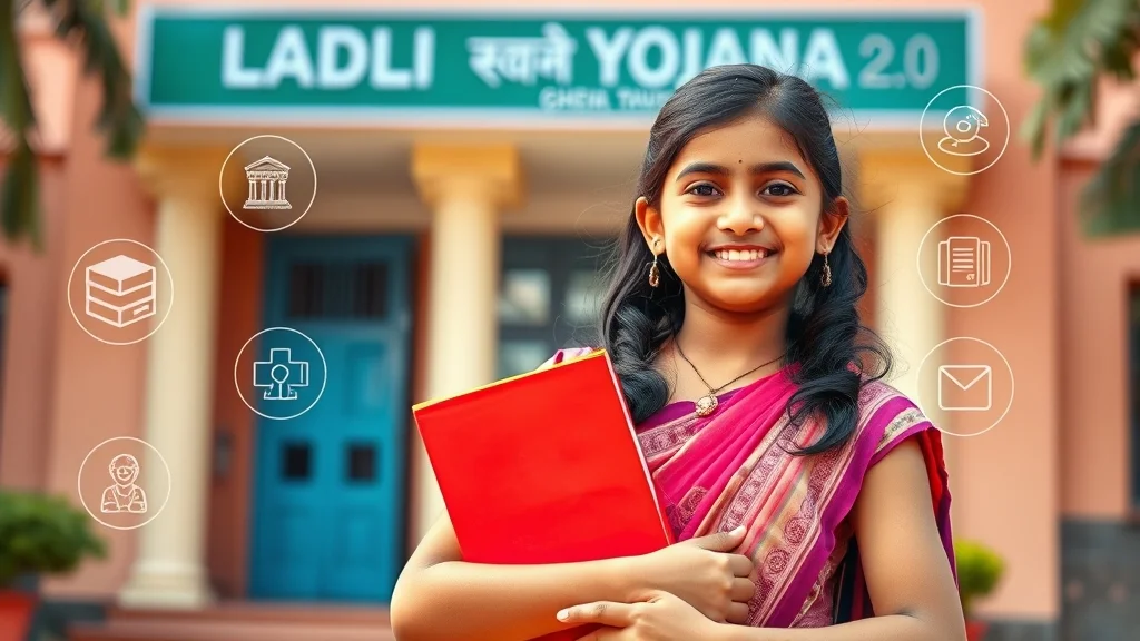 Ladli Lakshmi Yojana 2.0 – Complete Guide: Registration, Benefits, Eligibility & Forms 1 Indian girl empowered through Ladli Lakshmi Yojana 2.0 holding books with education and financial support symbols in background