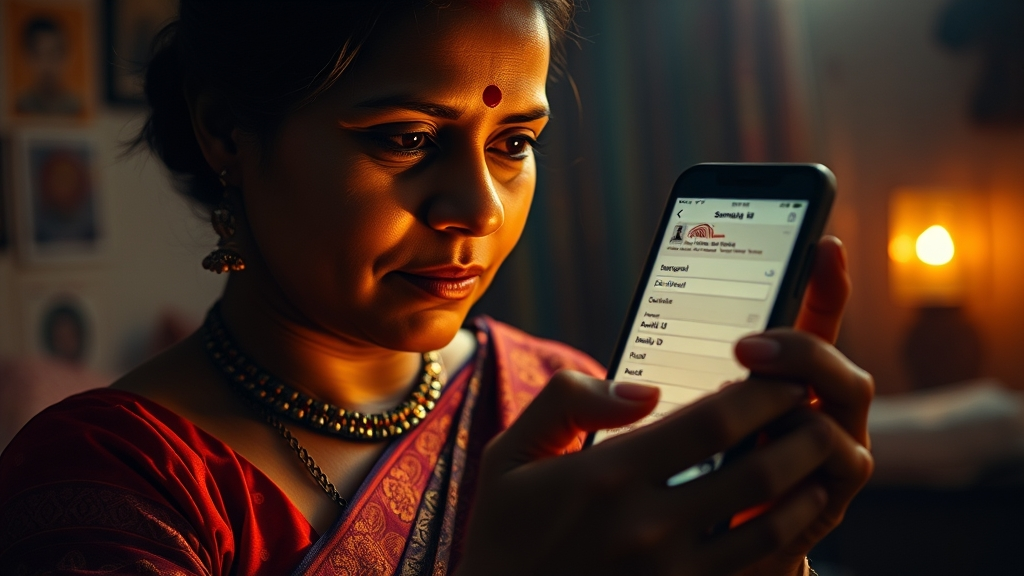 Samagra ID Status Check Online (2025 Guide) 3 Indian woman using smartphone to check Samagra ID status with Aadhaar number