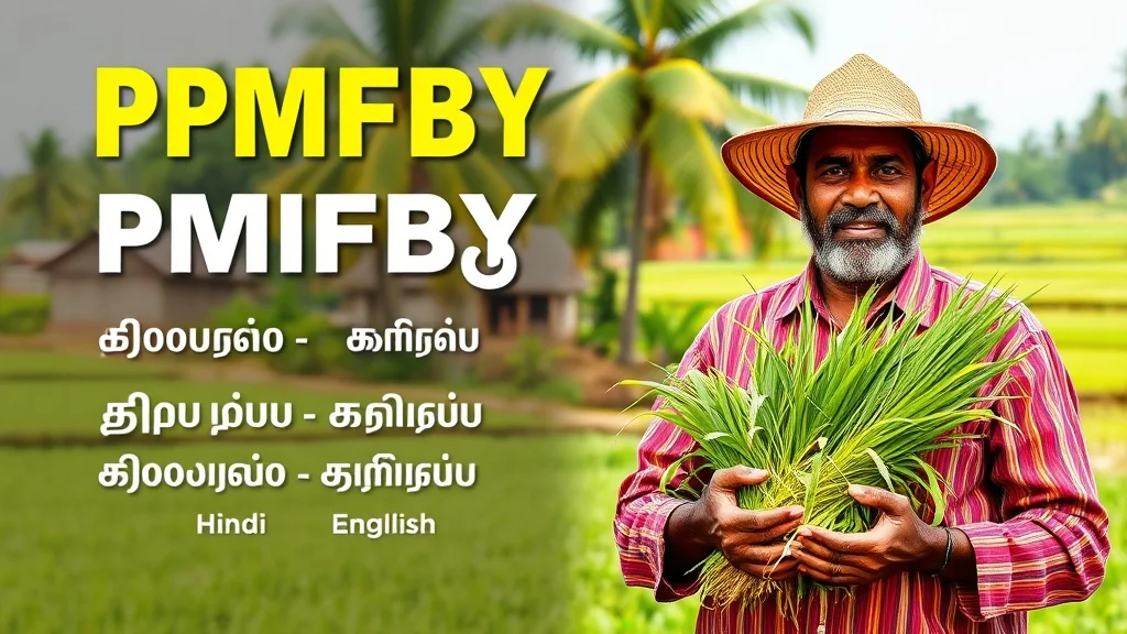 PMFBY full form in Tamil, Hindi, and English with Indian farmer in rural village background