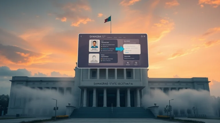 Samagra ID Status Check Online (2025 Guide) 12 Samagra ID status online portal with Madhya Pradesh government building background