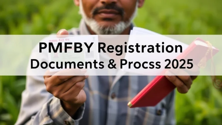 PMFBY Registration & Application Process 2025 – Step-by-Step Guide 11 PMFBY Registration 2025 – Indian farmer applying online with documents, laptop portal, and government crop insurance scheme banner