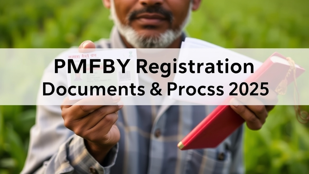 PMFBY Registration 2025 – Indian farmer applying online with documents, laptop portal, and government crop insurance scheme banner