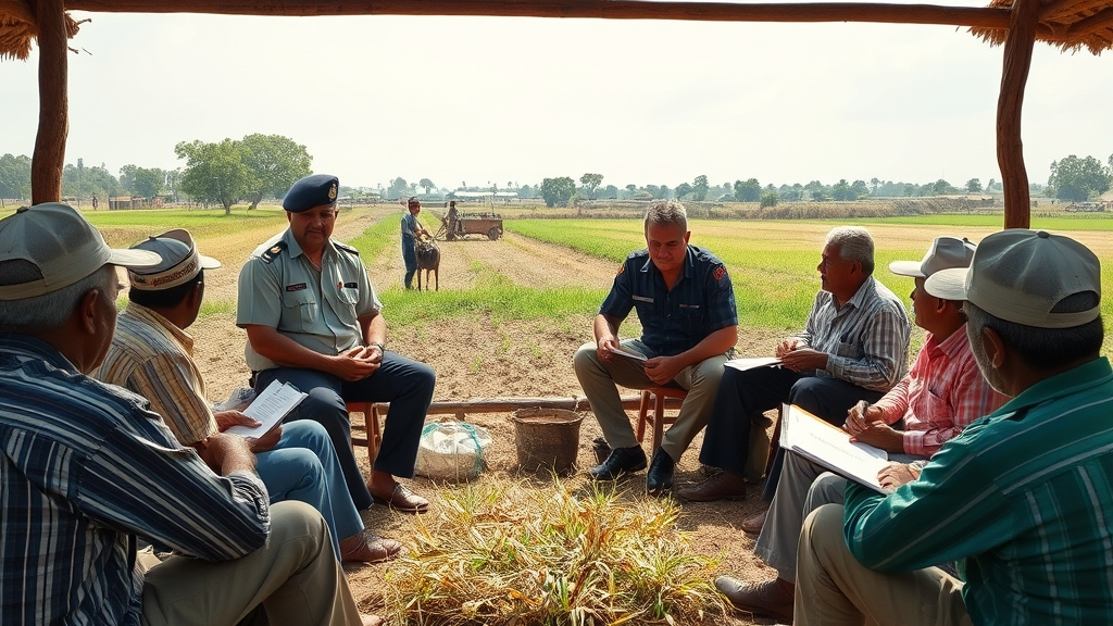 Government officers explaining PMFBY subsidy structure to farmers in a village meeting