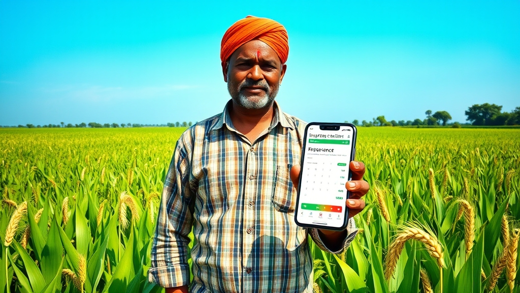 PMFBY Premium 2025 – Rates, Calculator & Subsidy Explained 1 Indian farmer using PMFBY Premium calculator on smartphone in crop field