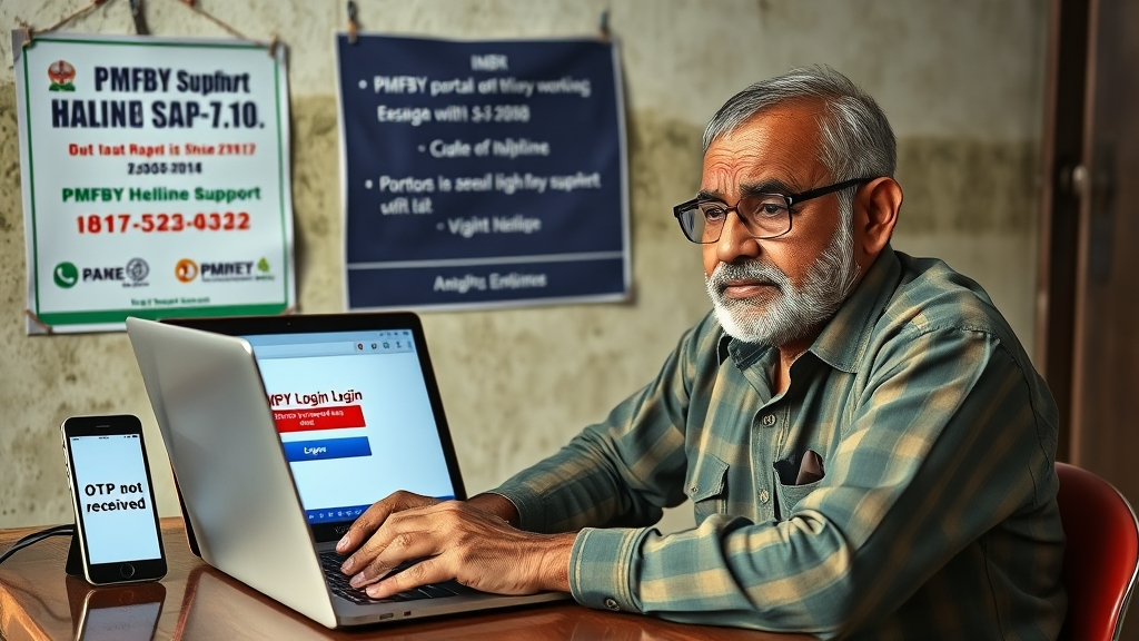 PMFBY Login 2025 – Step-by-Step Guide to Portal & Dashboard 6 "Farmer facing PMFBY login error with OTP not received and portal not working, showing helpline support for troubleshooting"