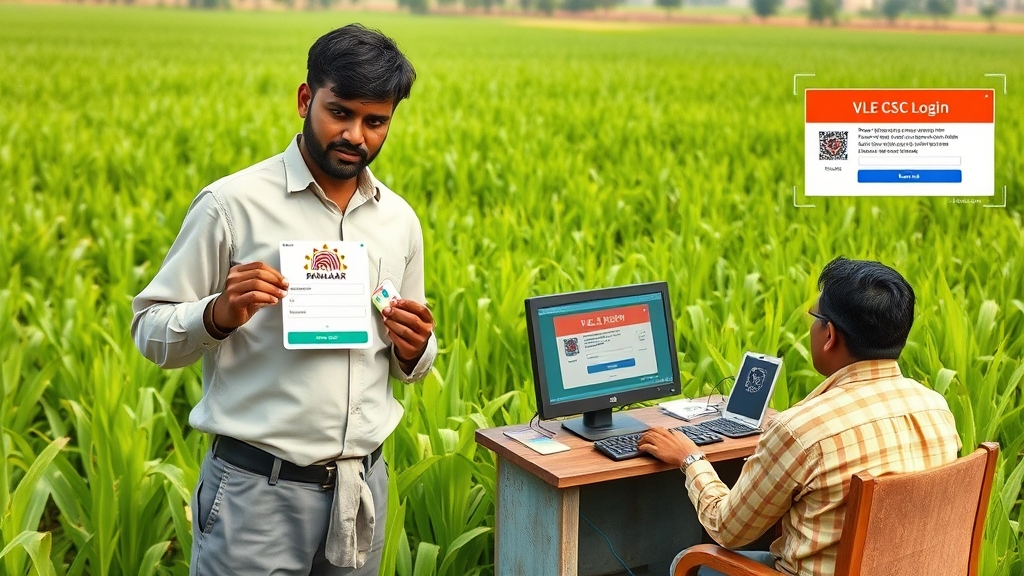 PMFBY Login 2025 – Step-by-Step Guide to Portal & Dashboard 4 "Farmer using Aadhaar for PMFBY Aadhaar Login and CSC operator assisting with PMFBY CSC Login at village center"