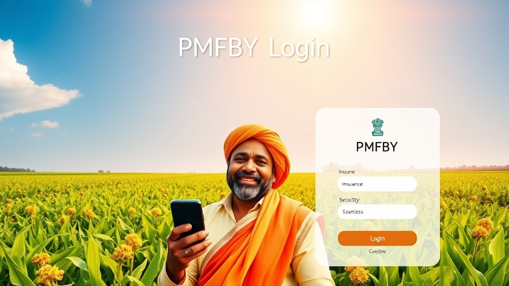 PMFBY Login 2025 – Step-by-Step Guide to Portal & Dashboard 3 "Smiling Indian farmer in green field with PMFBY Login banner showing crop insurance benefits and government portal"