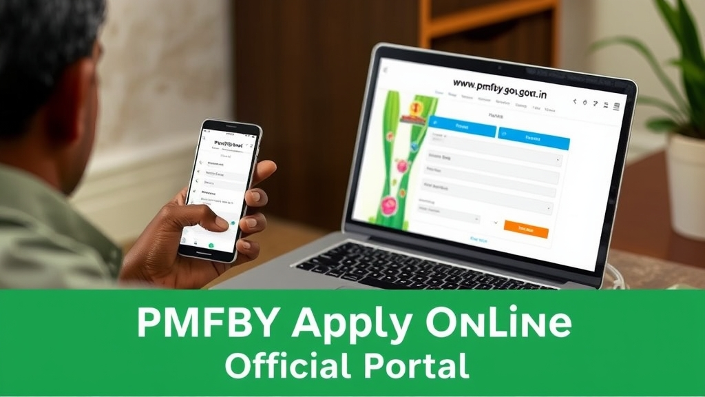PMFBY Registration & Application Process 2025 – Step-by-Step Guide 4 Farmer applying online for PMFBY Registration 2025 using laptop portal with documents and Aadhaar card