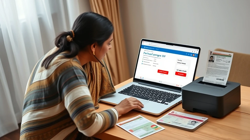 परिवार समग्र आईडी देखे – Complete Online Process (2025) 7 "Step-by-step process of checking and downloading Samagra Family ID online, woman using laptop and wireless printer, real-life home setting." परिवार समग्र आईडी देखे