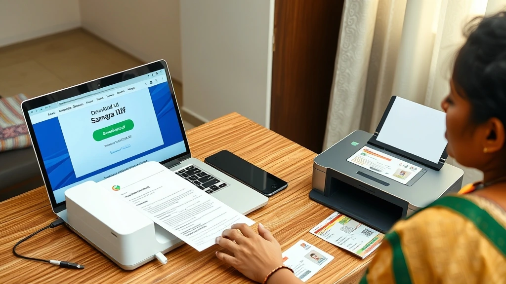 परिवार समग्र आईडी देखे – Complete Online Process (2025) 8 परिवार समग्र आईडी देखे-"Indian woman downloading her Parivar Samagra ID PDF from Samagra Portal at home using laptop, with Aadhaar and Family ID documents on table."