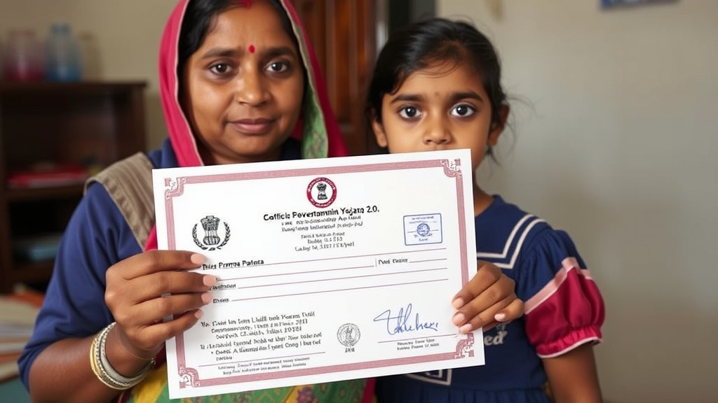 Ladli Lakshmi Yojana 2.0 – Complete Guide: Registration, Benefits, Eligibility & Forms 7 indian mother holding Ladli Lakshmi Yojana 2.0 Praman Patra certificate with daughter in school uniform