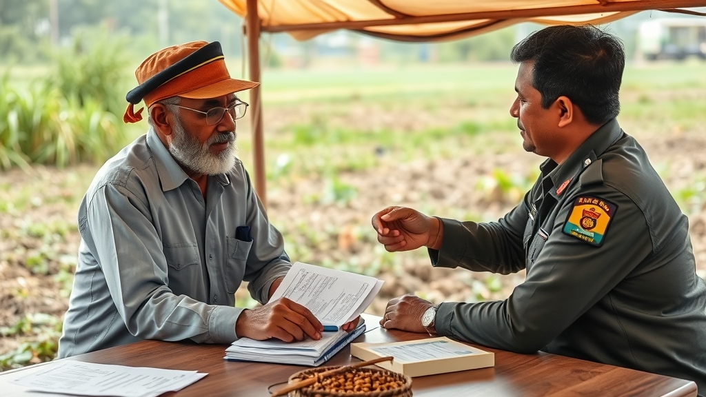 Farmer receiving PMFBY insurance claim amount from government officer