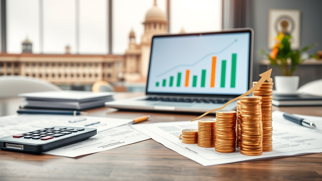 Office desk with official documents, calculator, and laptop showing salary charts, representing 8th Pay Commission 2026 salary hike, government employees, and pension updates.