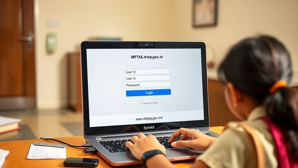 Student logging in to MPTAAS Scholarship Portal using User ID and Password on tribal.mp.gov.in for 2025–26 session.