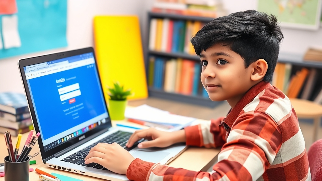 Student accessing MPTAAS scholarship portal on laptop in a bright study area with books and stationery