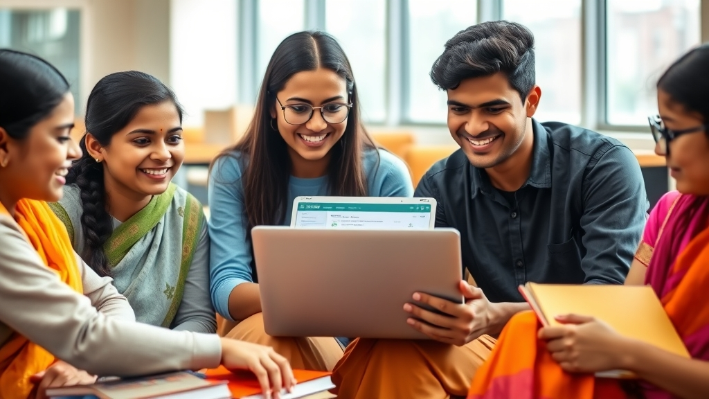 Indian students checking MPTAAS portal online for scholarships, sitting in a bright classroom with books and laptop