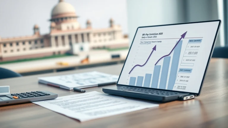 8th Pay Commission Salary Hike 2026 โ Expected Increase, Predictions & Latest News 2 Desk with government documents, laptop showing salary and pension charts, and calculator, representing 8th Pay Commission 2026 expected salary hike and pension benefits.