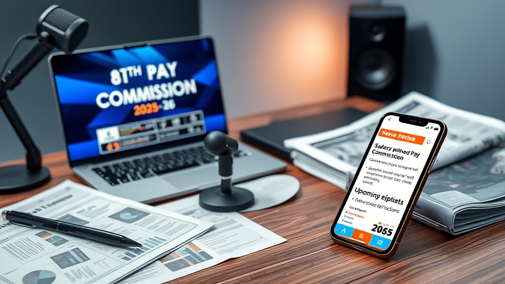 Newsroom setup with laptop, smartphone, and newspapers showing latest updates, analysis, and media reports on 8th Pay Commission 2025–26 salary and pension changes