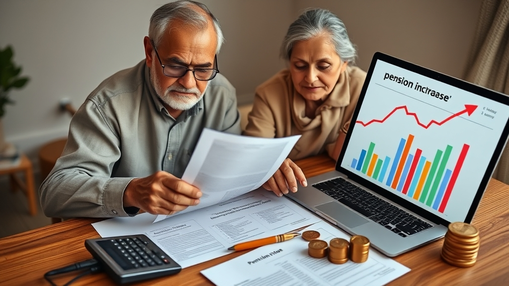 Central and State Government pensioners reviewing pension calculation documents with charts and calculator, showing expected 8th Pay Commission 2026 pension hike