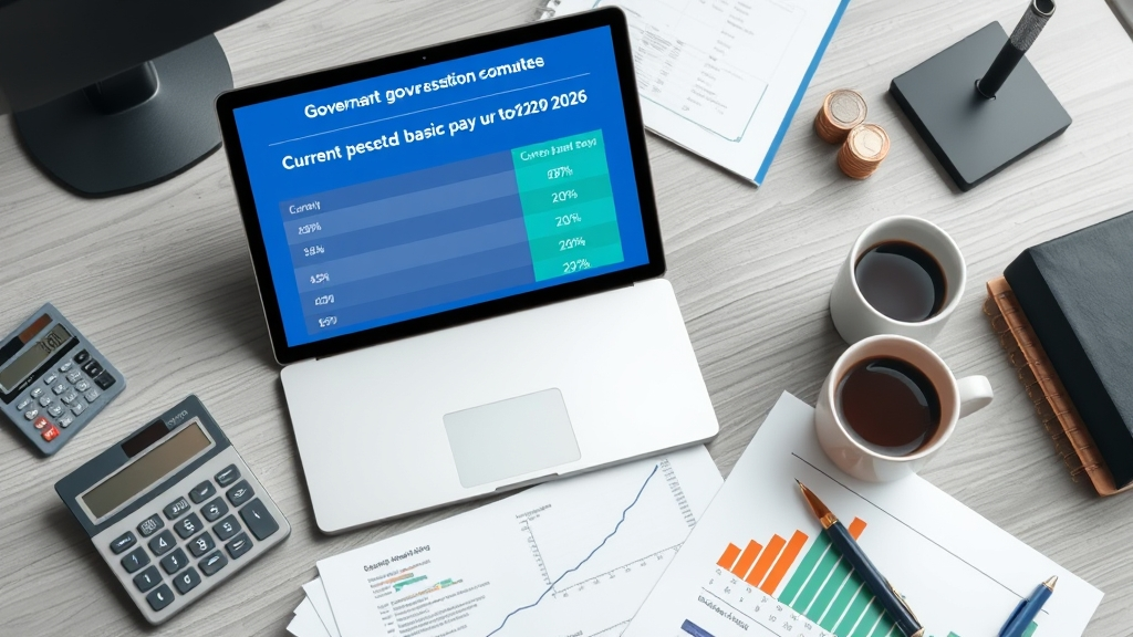 Salary comparison table showing expected 8th Pay Commission 2026 basic pay increase for different pay levels, with calculator and official documents on a government employee’s desk