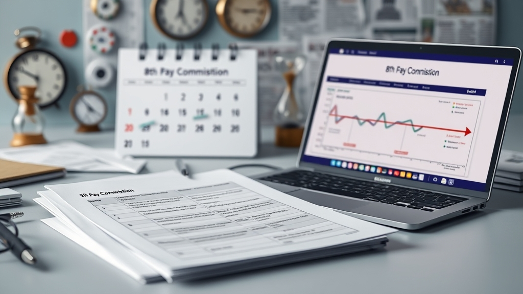 Government documents, laptop, and calendar showing timeline for 8th Pay Commission implementation, highlighting potential delays and approval process