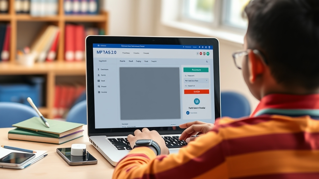 Student accessing MPTAAS 2.0 portal on laptop, showing modern dashboard interface in a bright study area