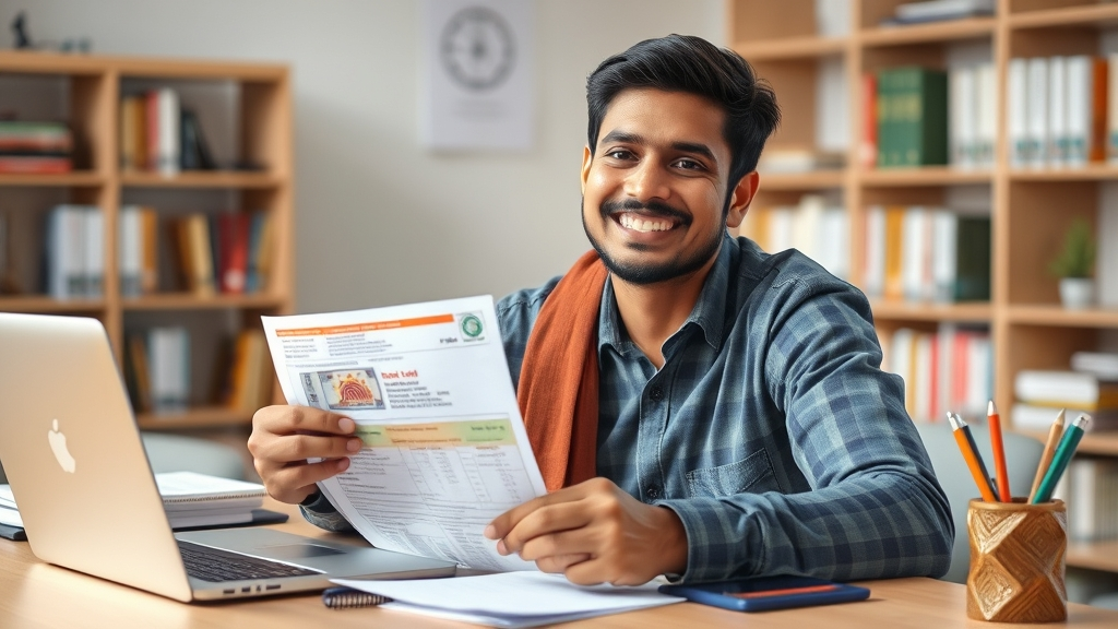Student organizing Aadhaar, caste certificate, and Samagra ID documents to apply for MPTAAS scholarship