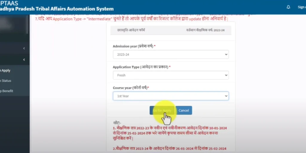 MPTAAS portal application type
selection showing Fresh and
Renewal options with Go for Apply button